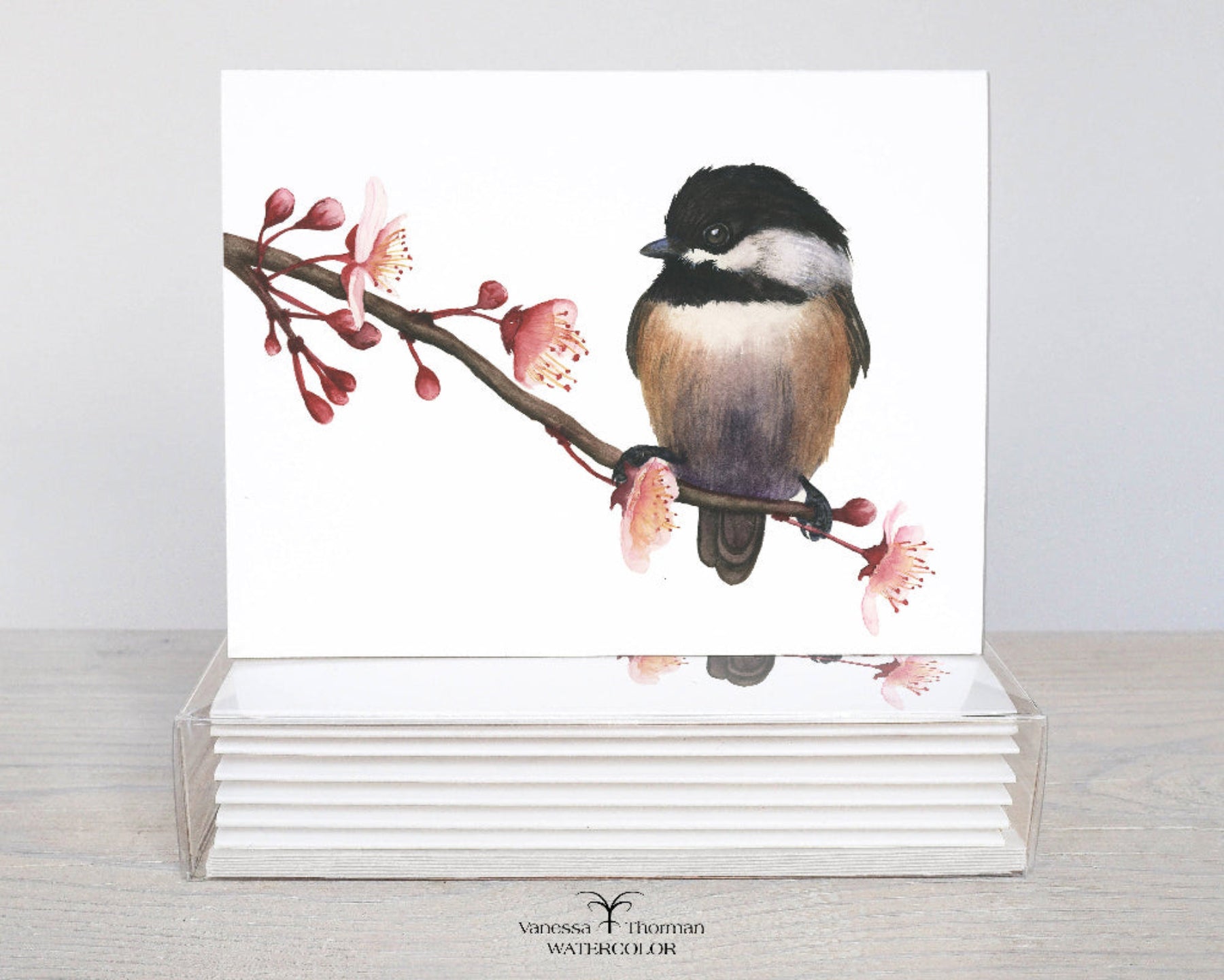 Spring Chickadee watercolor notecard set with 8 blank folded cards