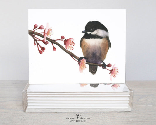 Spring Chickadee watercolor notecard set with 8 blank folded cards