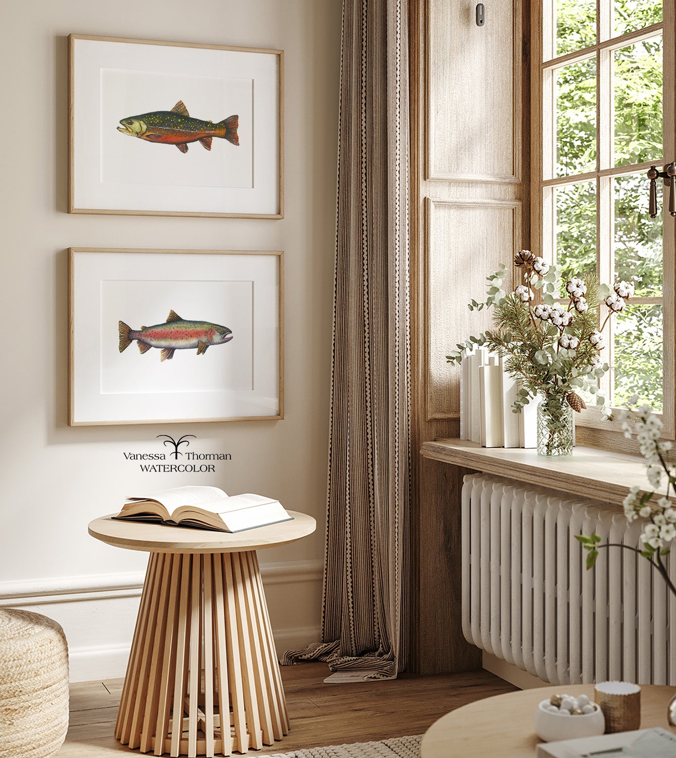 Two framed trout watercolor art prints displayed together on a wall