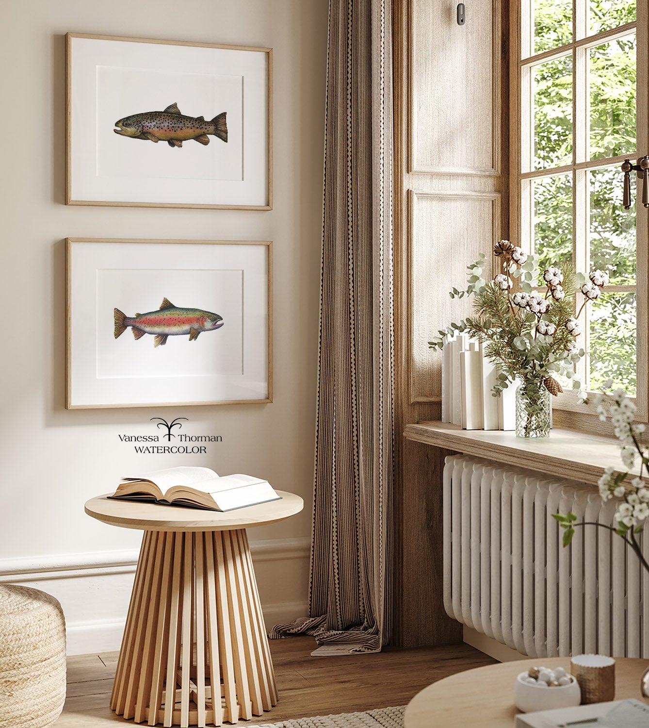 Trout Watercolor Art Prints with a white background in a living room