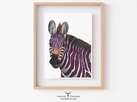 Framed "Violeta" purple zebra watercolor art print by Vanessa Thorman