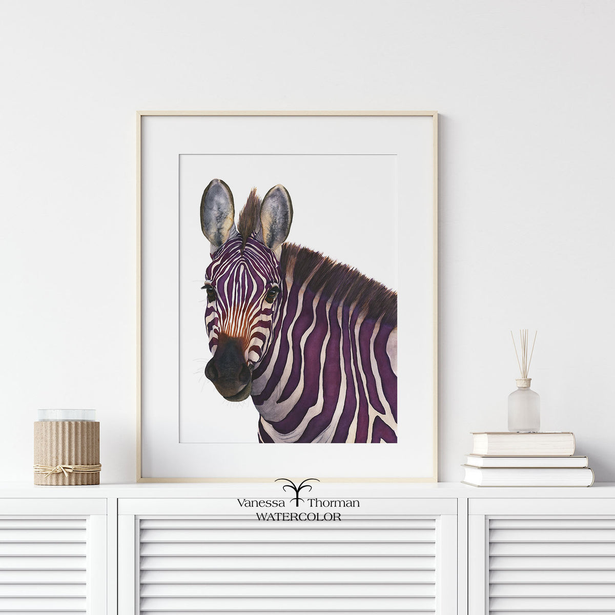 "Violeta" purple zebra watercolor art print on a white background in a white frame by Vanessa Thorman