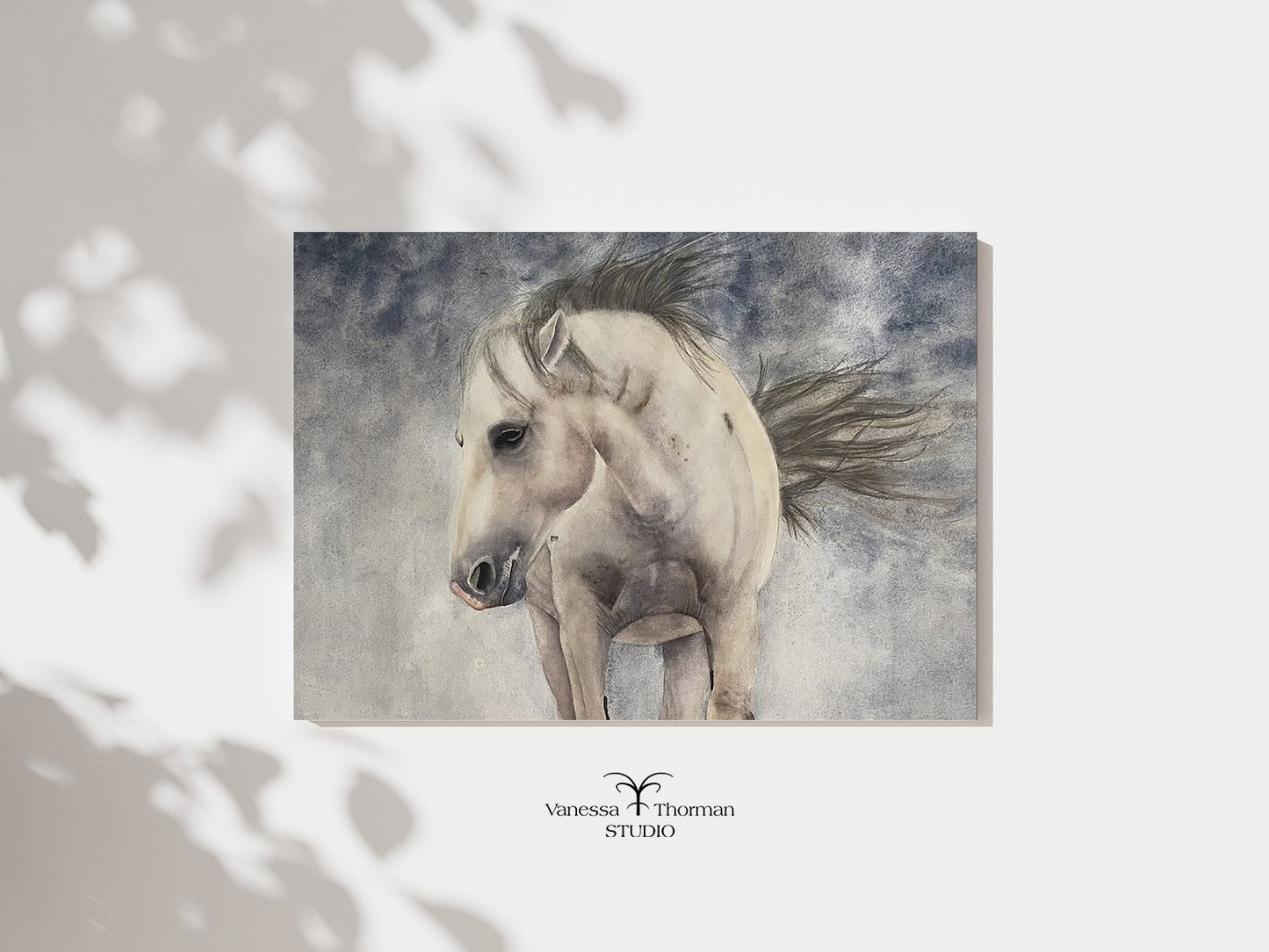 horse watercolor art print on a blue stormy background