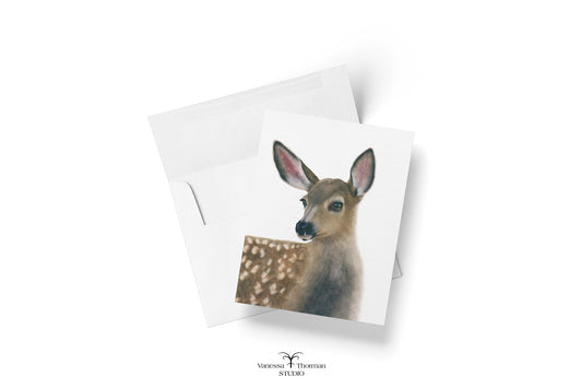 White-Tailed Fawn notecard shown with matching white envelope