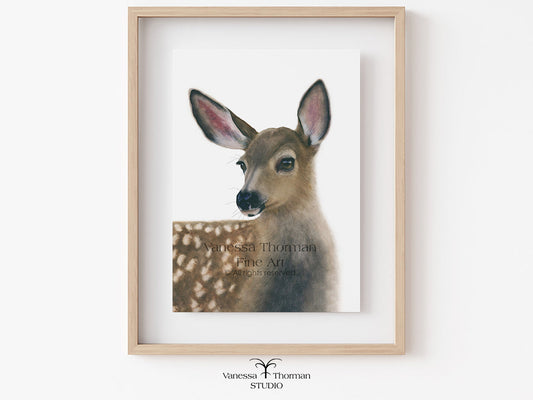 Framed White-Tailed Fawn watercolor art print on a white background by Vanessa Thorman