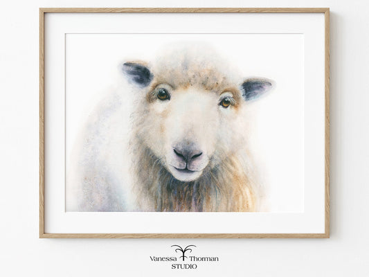 Framed "William" sheep watercolor art print on a white background by Vanessa Thorman