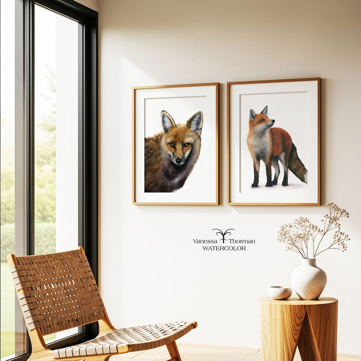 Two framed fox watercolor art prints displayed together on a wall, including "Your Move"